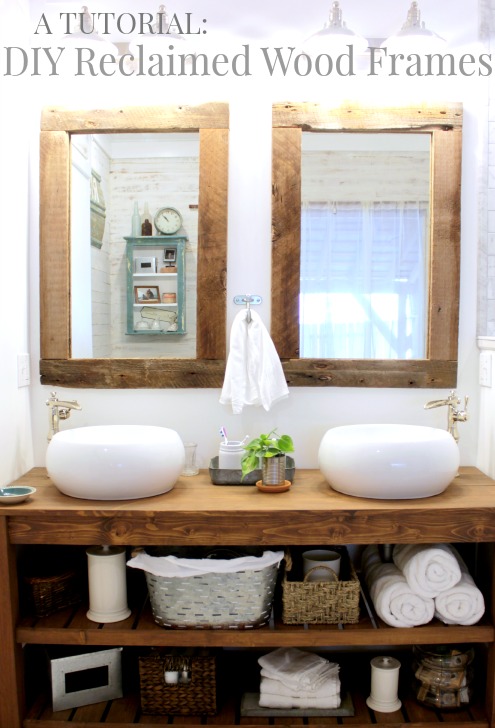 complete master bathroom renovation including this awesome DIY vanity and reclaimed wood framed mirrors, so many more beautiful details on this site