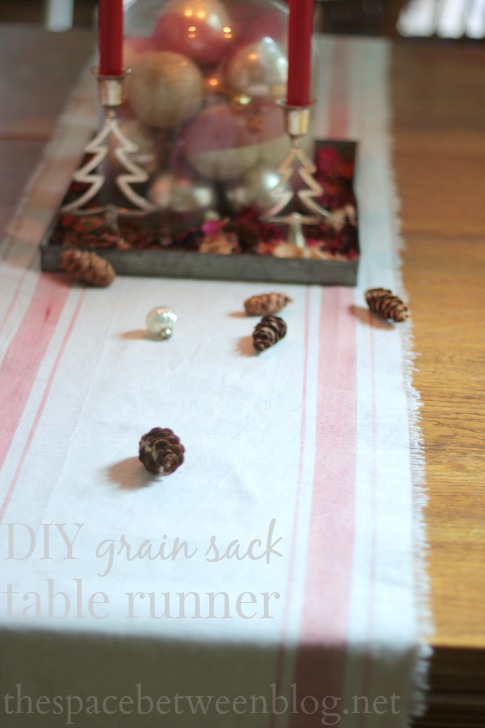 DIY grain sack table runner with a canvas drop cloth