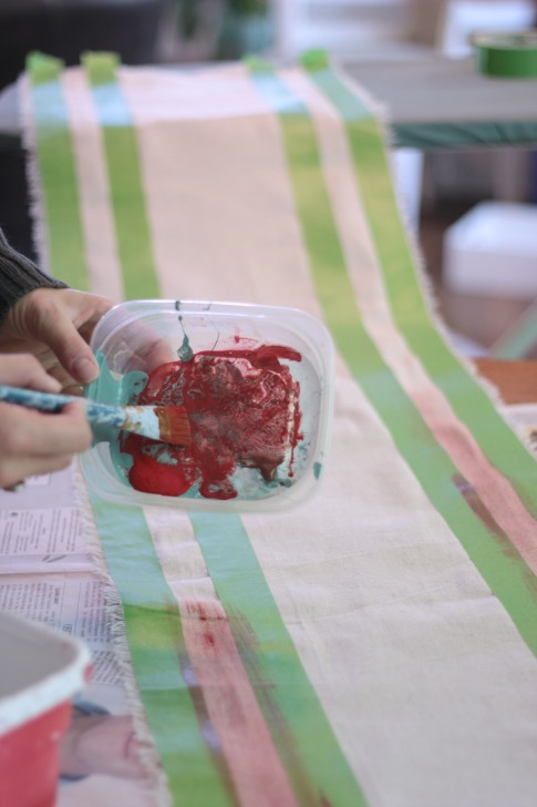 DIY grain sack table runner with a canvas drop cloth