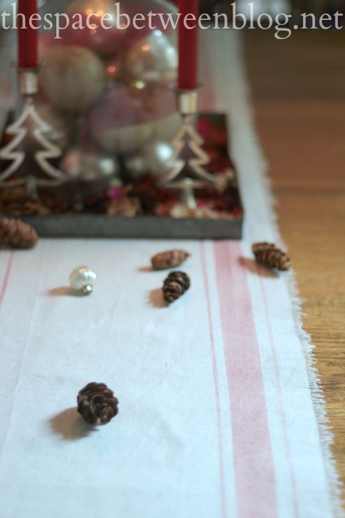 DIY grain sack table runner with a canvas drop cloth