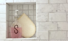 monogrammed shampoo bottle in the master bathroom