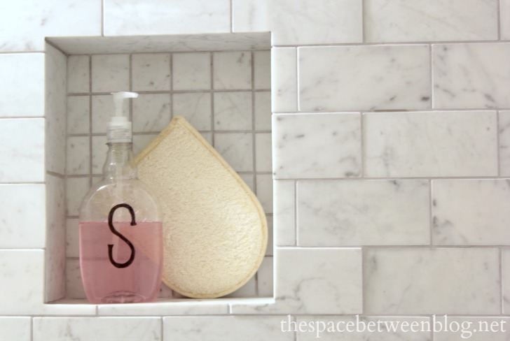 monogrammed shampoo bottle in the master bathroom