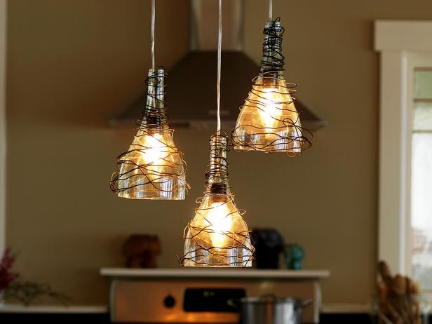 diy chandelier - wine bottle pendant